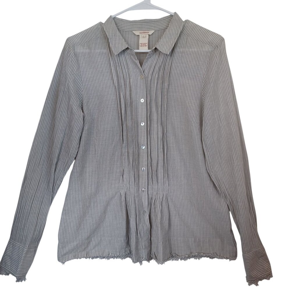 Sundance Button Up Shirt Gray White Stripe Cotton‎ Blouse Raw Hems Womens Medium